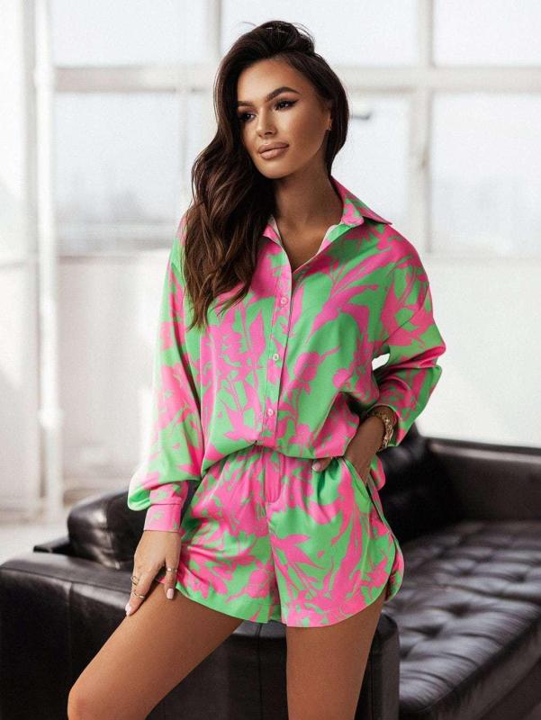 Women's Bright Printed Long Sleeve Notch Collar Top And Short Set