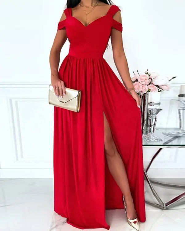 Women's long dress printed V-neck temperament sleeveless sexy slit dress