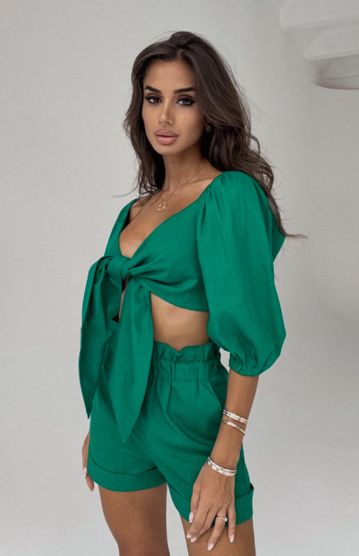 Women's Fashion Sexy Cotton Linen Cardigan Top Pocket Shorts Casual Suit