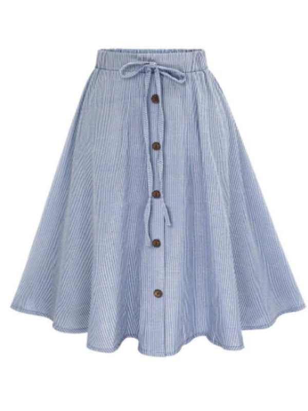 Women's Lace-Up Single-Breasted Pinstripe Midi Skirt