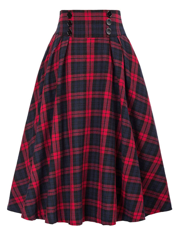 Women’s Plaid Print Buttons High Waist Midi Skirt