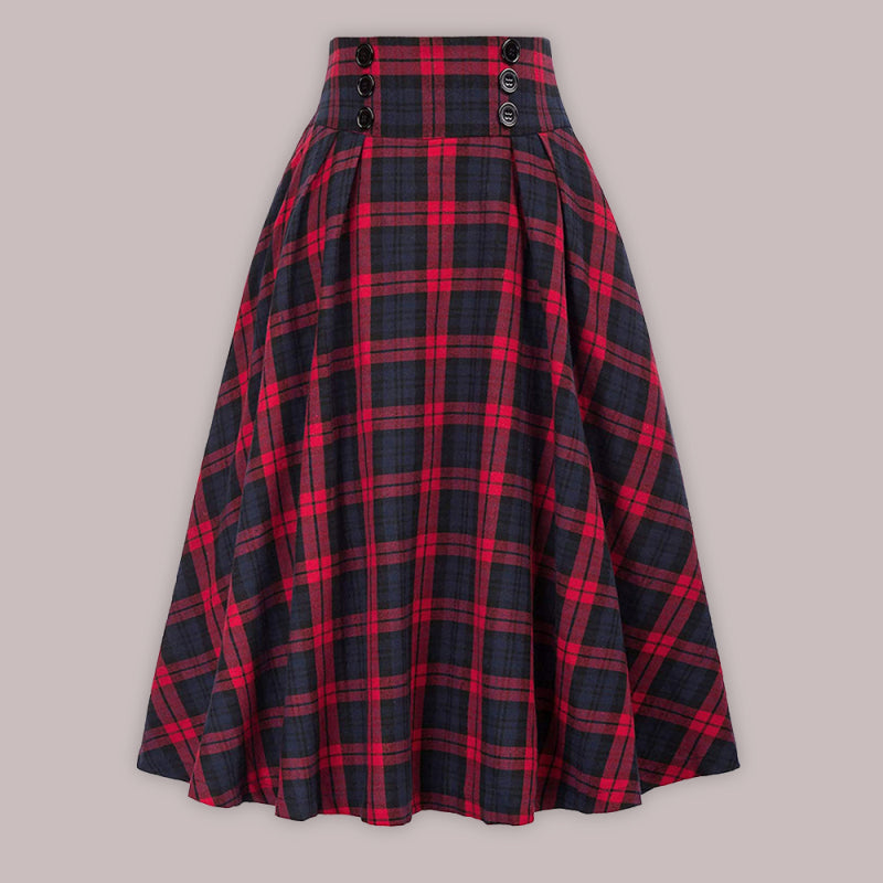 Women’s Plaid Print Buttons High Waist Midi Skirt