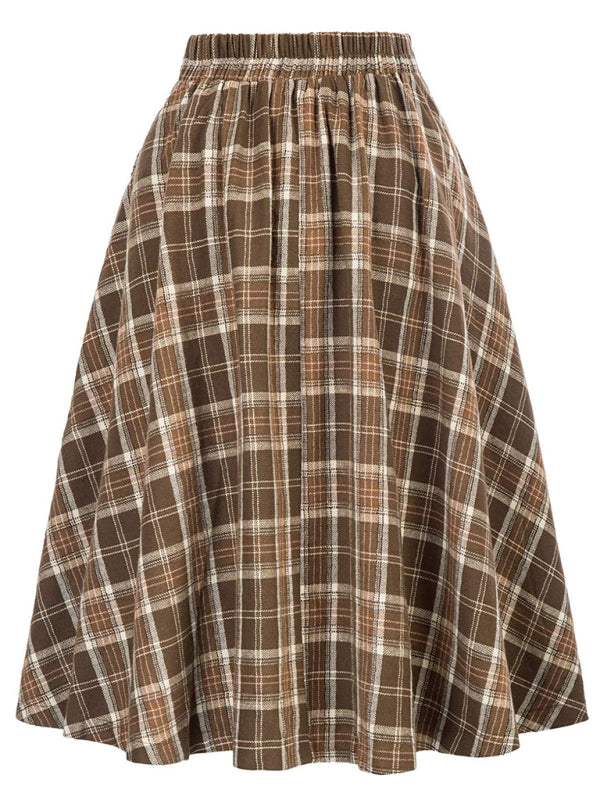 Women’s Plaid Print Buttons High Waist Midi Skirt