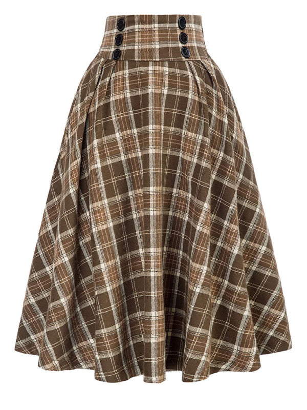 Women’s Plaid Print Buttons High Waist Midi Skirt