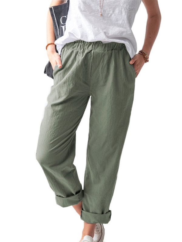 New style solid color casual elastic high waist straight trousers women