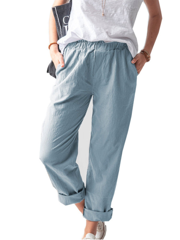New style solid color casual elastic high waist straight trousers women
