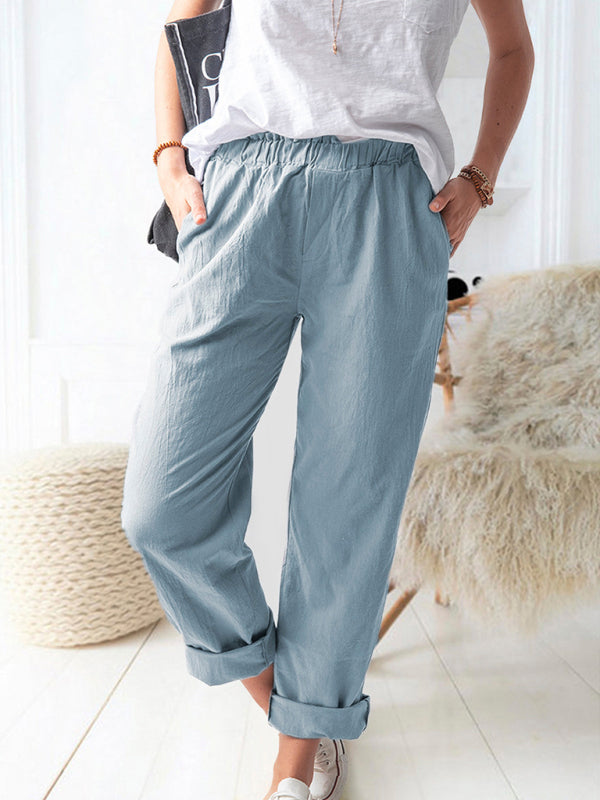 New style solid color casual elastic high waist straight trousers women