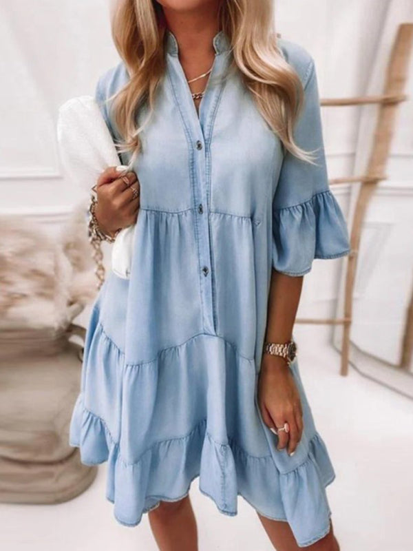 Women's Chiffon Denim Button Front Shirtdress
