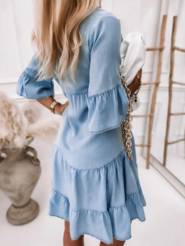 Women's Chiffon Denim Button Front Shirtdress