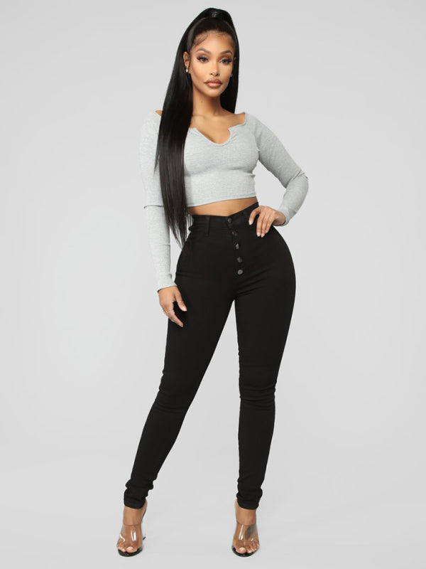 Women's Button Blouse High Waist Ankle Skinny Jeans