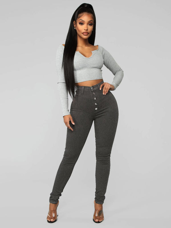 Women's Button Blouse High Waist Ankle Skinny Jeans