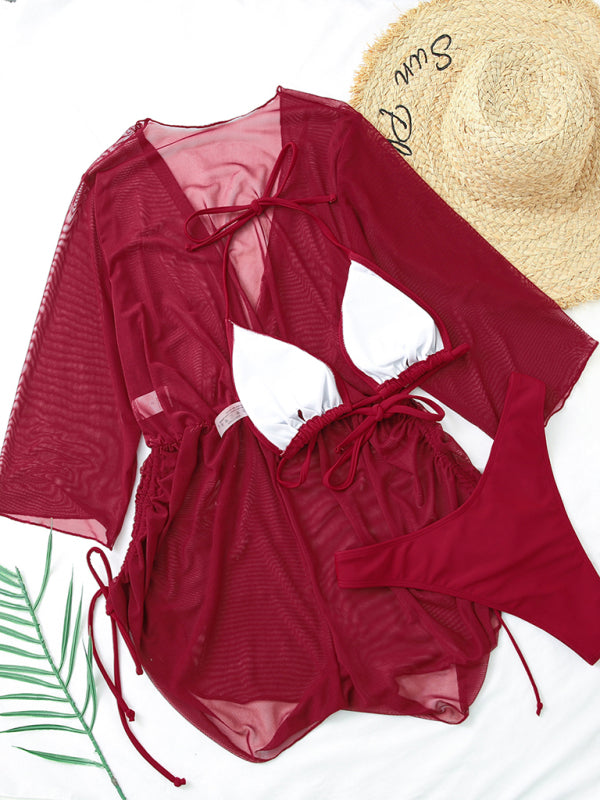 Women's Two-piece Bikini Mesh Sheer Cover-up Caftan Three Pieces