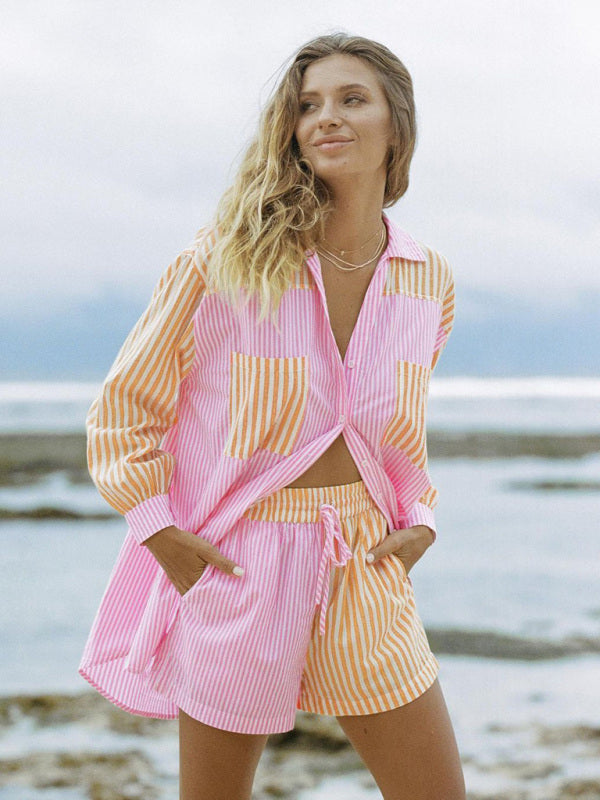 Summer Beach Sportswear Shorts Set Striped Shirt Tops Shorts Set Two-Piece Set