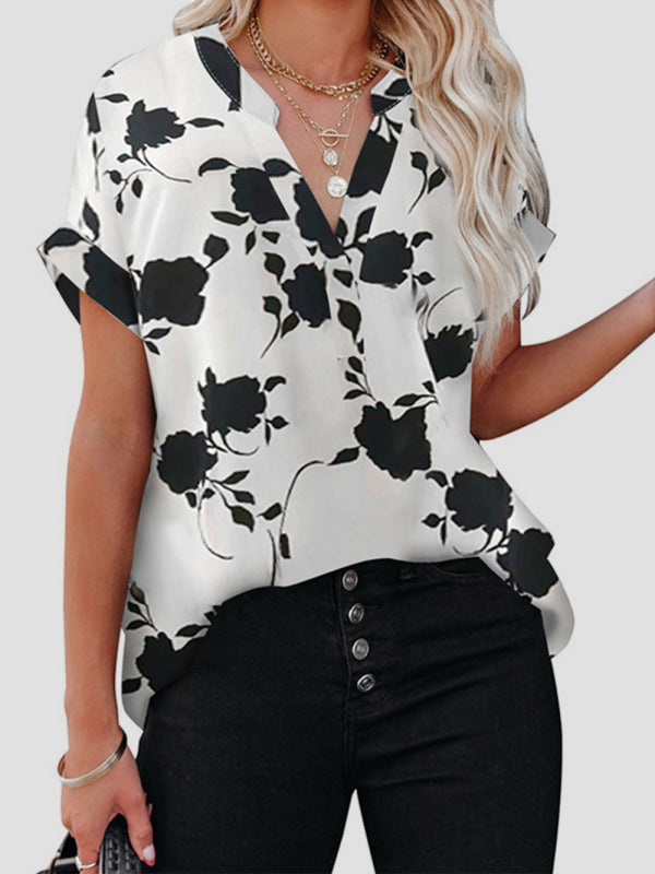 Women's Floral-print V-neck Puff-sleeve Top