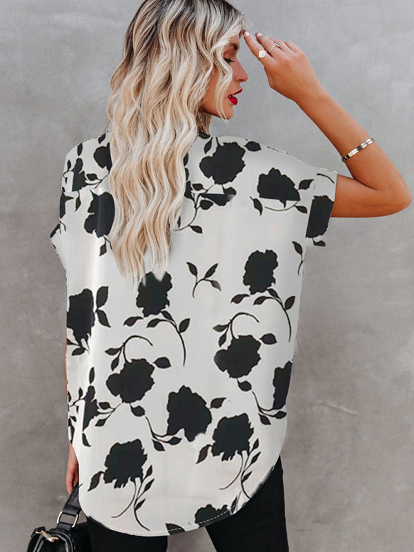 Women's Floral-print V-neck Puff-sleeve Top