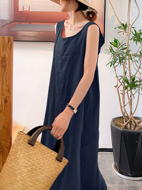 Women's Solid Color Linen Crew Neck Maxi Dress