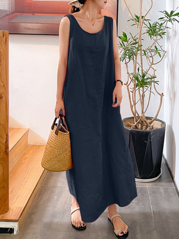 Women's Solid Color Linen Crew Neck Maxi Dress