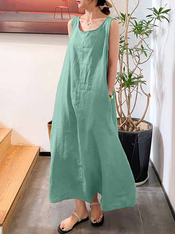 Women's Solid Color Linen Crew Neck Maxi Dress