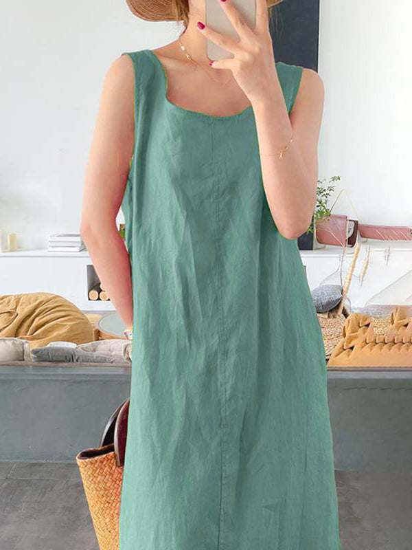 Women's Solid Color Linen Crew Neck Maxi Dress