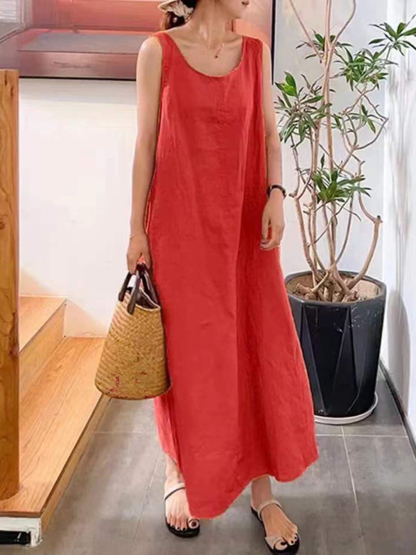 Women's Solid Color Linen Crew Neck Maxi Dress
