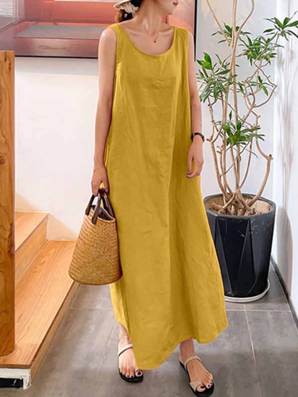 Women's Solid Color Linen Crew Neck Maxi Dress