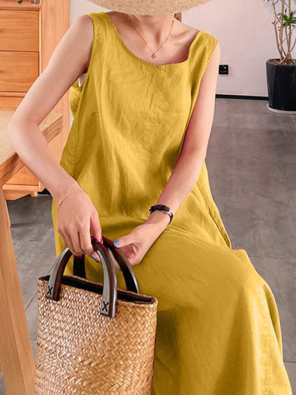 Women's Solid Color Linen Crew Neck Maxi Dress