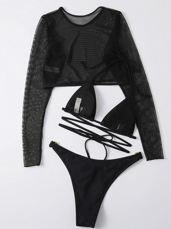 Women's Solid Color High Cut Waist Long Sleeve Cutout Three-Piece Swimsuit