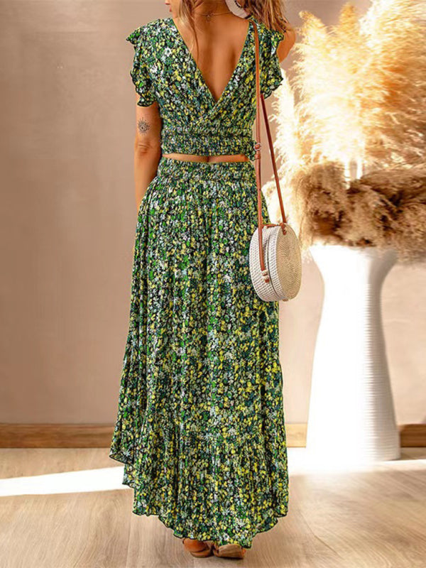 New V-neck short-sleeved pullover floral waist slimming irregular dress