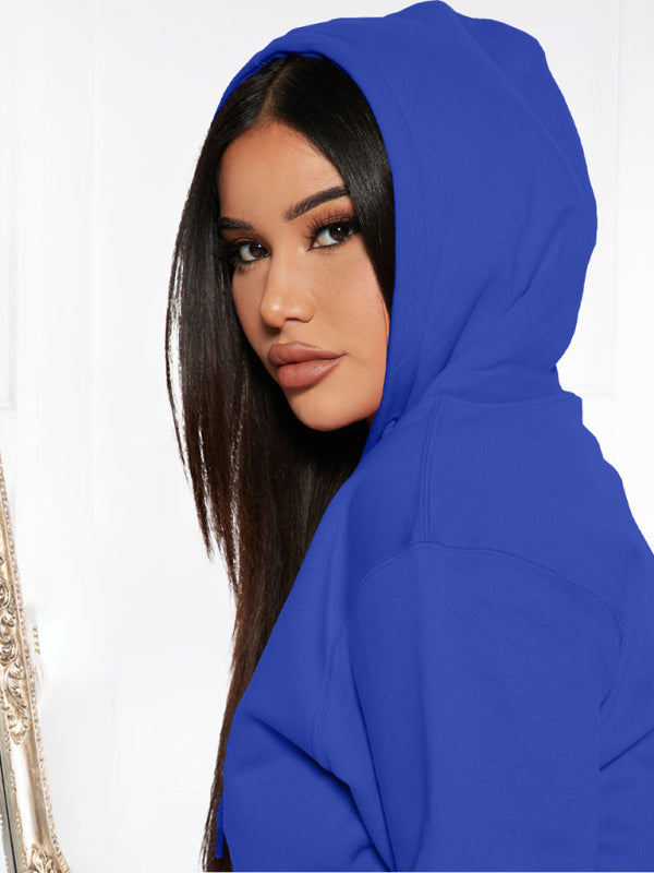 Women’s Solid Color Drawstring Hooded Sweatshirt & High Waisted Sweatpant Joggers
