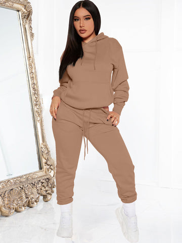 Women’s Solid Color Drawstring Hooded Sweatshirt & High Waisted Sweatpant Joggers