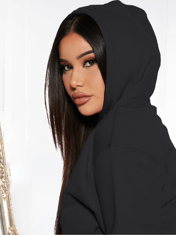 Women’s Solid Color Drawstring Hooded Sweatshirt & High Waisted Sweatpant Joggers