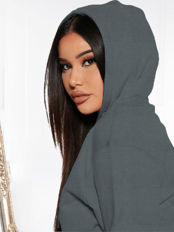 Women’s Solid Color Drawstring Hooded Sweatshirt & High Waisted Sweatpant Joggers