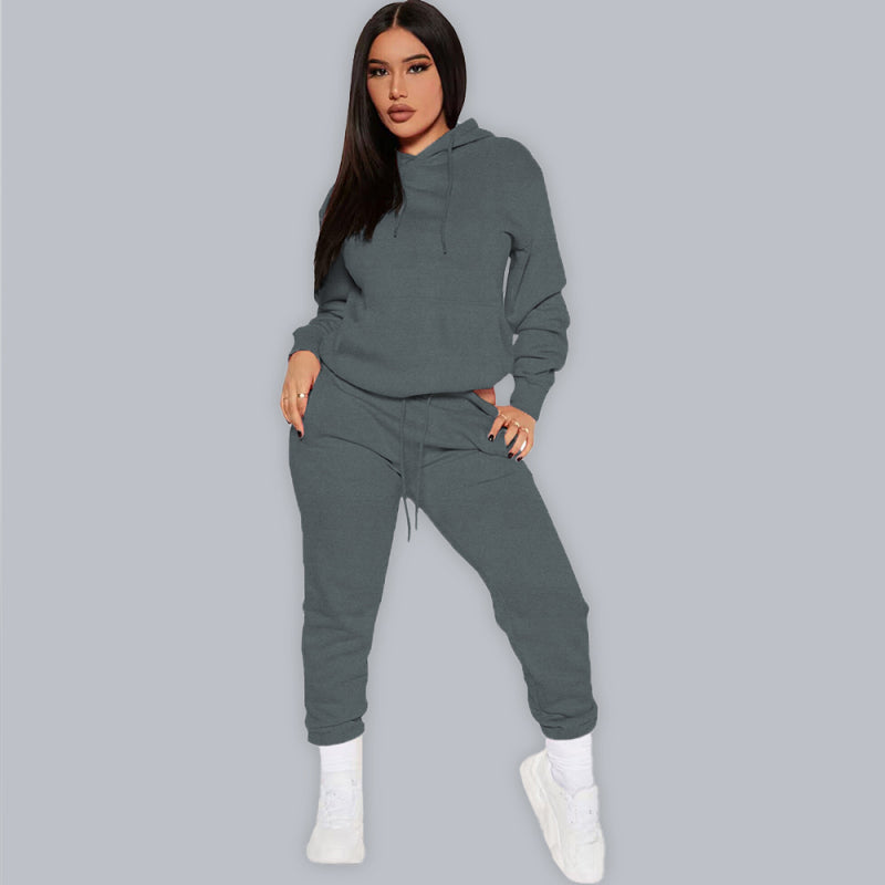 Women’s Solid Color Drawstring Hooded Sweatshirt & High Waisted Sweatpant Joggers