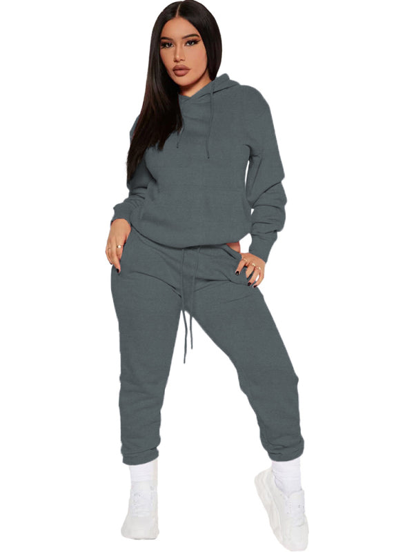 Women’s Solid Color Drawstring Hooded Sweatshirt & High Waisted Sweatpant Joggers