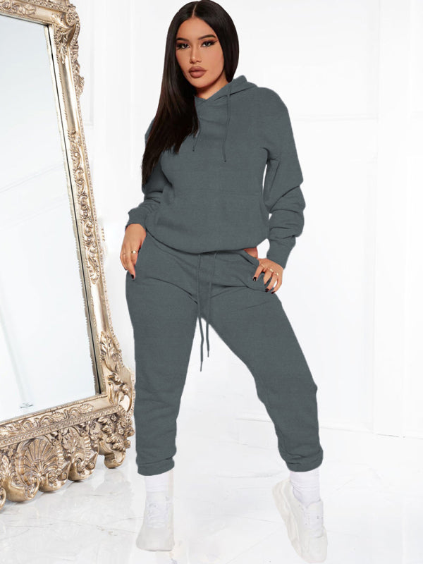 Women’s Solid Color Drawstring Hooded Sweatshirt & High Waisted Sweatpant Joggers